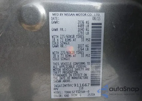 2015 Nissan Rogue Sl from USA, damaged, VIN 5N1AT2MT9FC911667